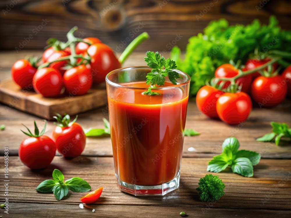 Freshly Squeezed Tomato Juice in a Glass with Fresh Tomatoes and Green Herbs on a Wooden Table Freshly Squeezed Tomato Juice in a Glass with Fresh Tomatoes and Green Herbs on a Wooden Table
