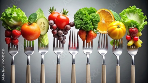 Fresh Vegetables and Fruits on Forks Representing Healthy Eating and Nutrition for Diet Enthusiasts