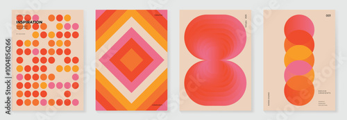 Collection of 70s color gradient poster background vector. Set of retro wall decoration, groovy, trippy, geometric shape. Vintage hippie wall art for interior, decorative, banner, cover, card.