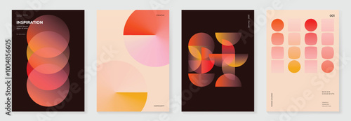 Collection of 70s color gradient poster background vector. Set of retro wall decoration, groovy, trippy, geometric shape. Vintage hippie wall art for interior, decorative, banner, cover, card.