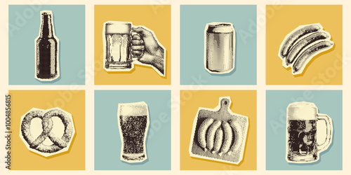 Retro halftone beer elements. Pop art set. Bottles, mugs, can, Bavarian pretzels and sausages. Pixel photocopy effect. Grunge bitmap texture. Perfect for Oktoberfest designs and beer events.