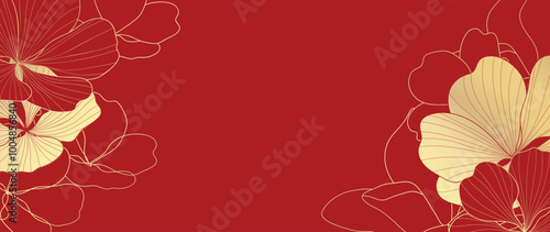 Chinese new year luxury pattern background vector. Oriental peony flower gold line art texture on red background. Design illustration for wallpaper, card, poster, packaging, advertising.