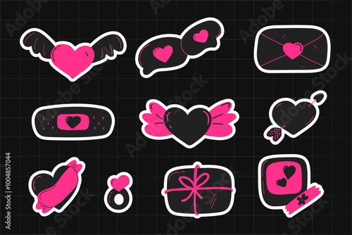 Cute emo style love sticker. Hearts, wings, gift boxes, speech bubble, photo frame, mail, ring, band aid and ribbons. Bold and edgy Y2K set. Perfect for Valentine's Day designs or alternative fashion.