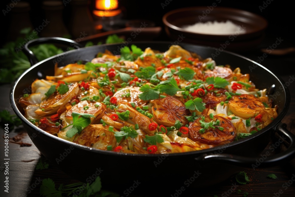 Cabbage sauteed with oyster sauce in a pan., generative IA Cabbage sauteed with oyster sauce in a pan., generative IA