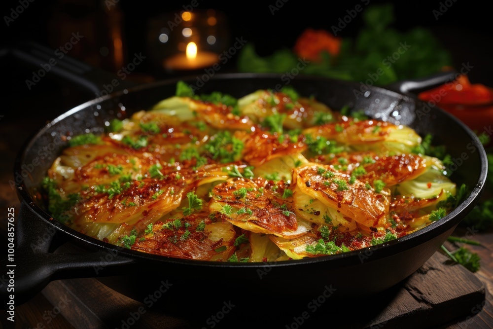 Cabbage sauteed with oyster sauce in a pan., generative IA Cabbage sauteed with oyster sauce in a pan., generative IA