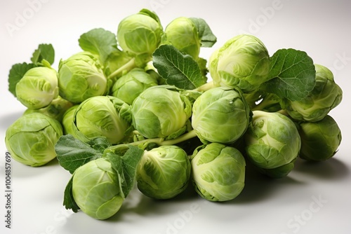 Fresh Brussels Cabbage in White Background's Watercolor Illustration, generative IA