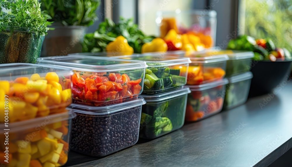 Vegan meal prep setup with vibrant veggies, clean workspace, bright lighting, health-focused, photo-realistic Vegan meal prep setup with vibrant veggies, clean workspace, bright lighting, health-focused, photo-realistic