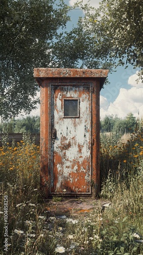 Rusty Door in a Field of Flowers - A Tranquil Landscape