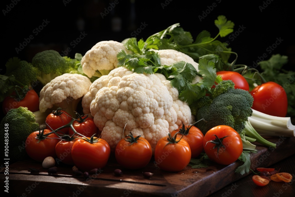 Freshness of organic vegetables cauliflower broccoli tomato carrot onion generat, generative IA Freshness of organic vegetables cauliflower broccoli tomato carrot onion generat, generative IA