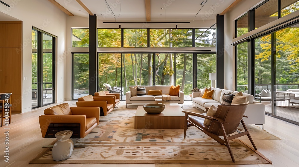 Spacious living room with a mix of mid-century and modern furniture, large windows, and warm tones Spacious living room with a mix of mid-century and modern furniture, large windows, and warm tones
