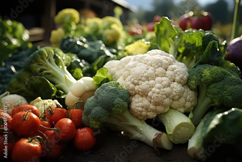 Freshness of organic vegetables cauliflower broccoli tomato carrot onion generat, generative IA photo