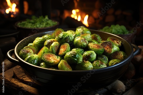 There are some Brussels sprouts in a pan on a table, generative IA