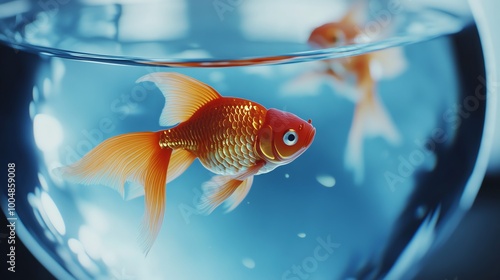 A goldfish swims in a bowl with a blue background. photo