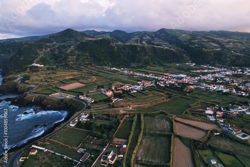 Azorean village at sunset from a drone photo