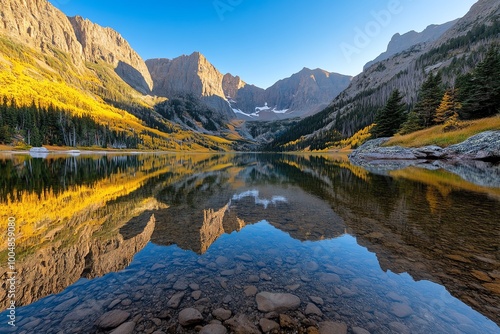 Hyper-realistic mountain lake at sunrise, with the water reflecting every detail of the surrounding cliffs, trees, and the early morning sky