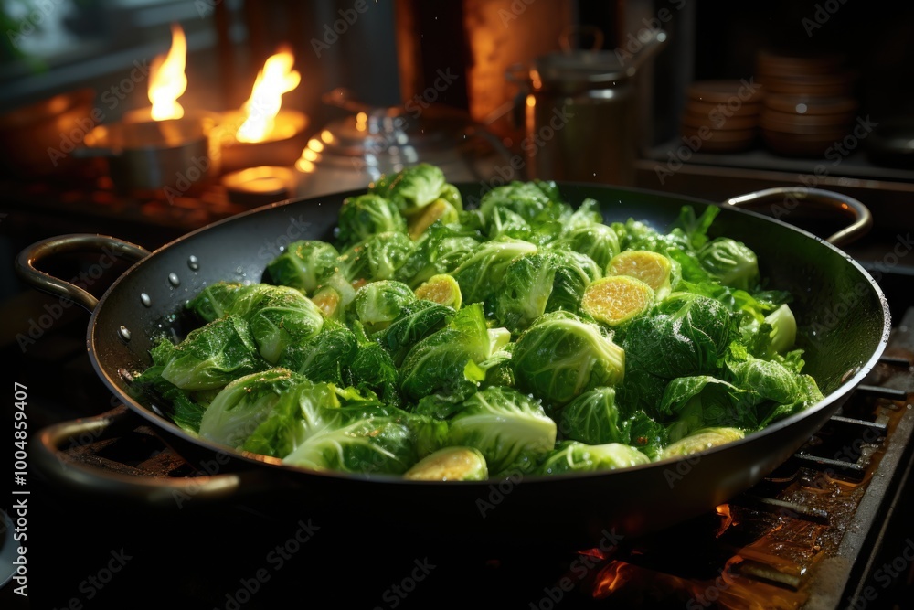 Preparing the cabbage in the frying pan over the stove., generative IA Preparing the cabbage in the frying pan over the stove., generative IA