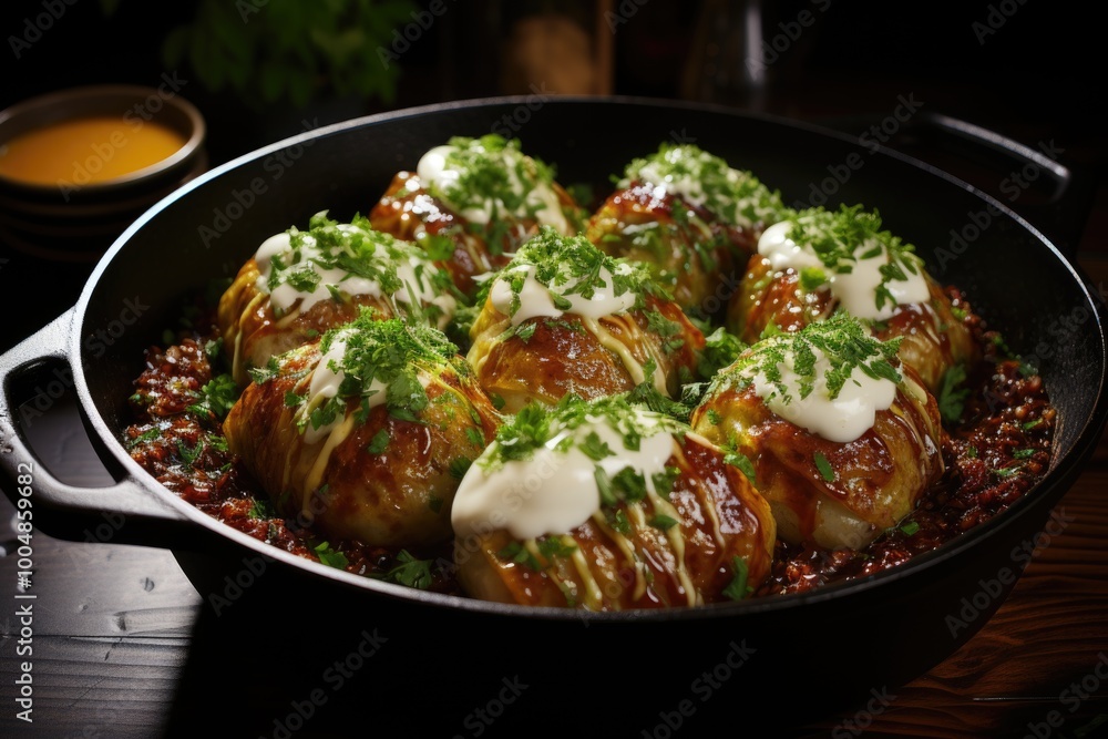 Lombard cabbage rolls stuffed with rice of meat and vegetables on rustic table, generative IA Lombard cabbage rolls stuffed with rice of meat and vegetables on rustic table, generative IA