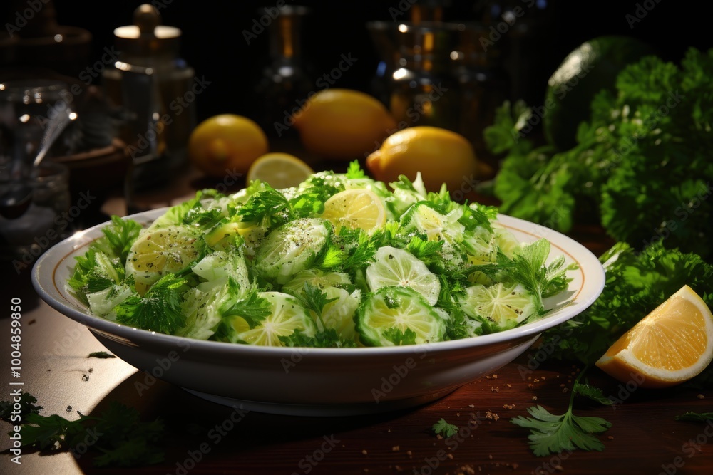 Fresh cabbage salad in white bowl decoration, generative IA Fresh cabbage salad in white bowl decoration, generative IA