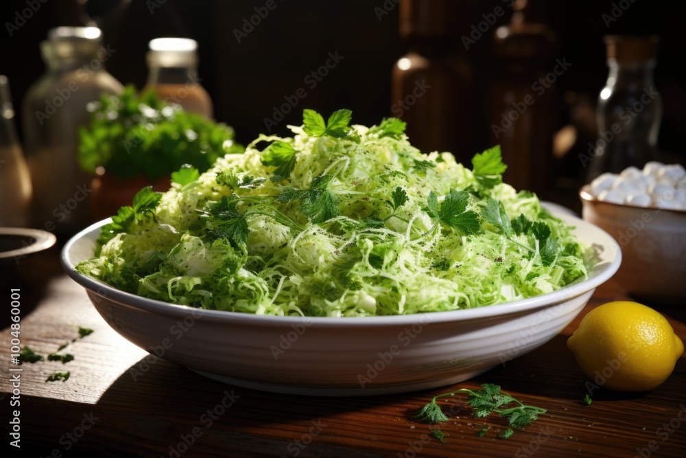 Healthy green cabbage salad in white bowl, generative IA Healthy green cabbage salad in white bowl, generative IA