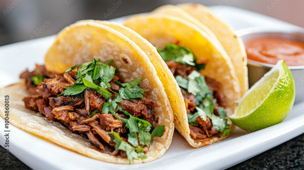 Two tacos with meat and cilantro on a white plate Two tacos with meat and cilantro on a white plate
