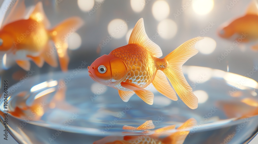 Close-up of a bright orange goldfish swimming in a bowl. Close-up of a bright orange goldfish swimming in a bowl.