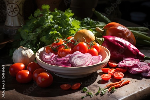 Tomato, purple onion, peppers, carrots and Chinese kale in a white cup on the ce, generative IA photo