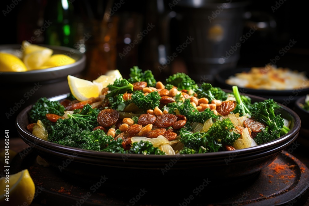 A plate of kale sautéed with pine nuts and raisins, generative IA A plate of kale sautéed with pine nuts and raisins, generative IA