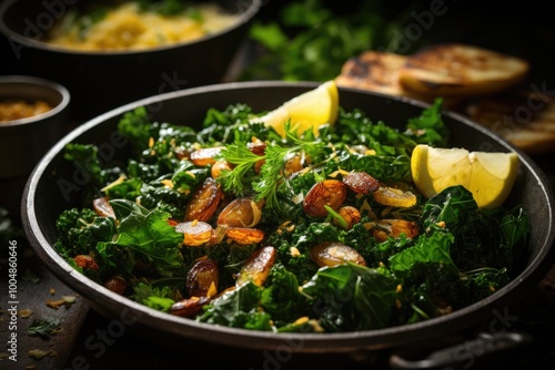 A plate of kale sautéed with pine nuts and raisins, generative IA