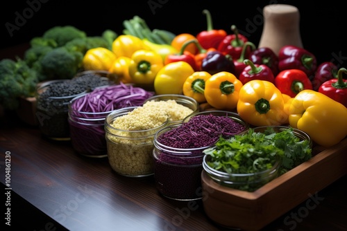 View from top fresh cut vegetables Purple cabinet green tomato pumpkin red onion, generative IA