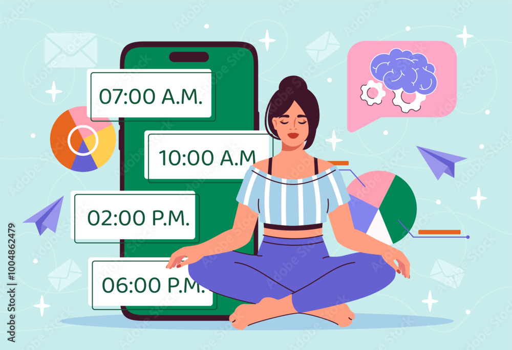 Mental health woman. Young girl in lotus position sitting near smartphone. Wellbeing and relaxation, wellness. Mindfulness and harmony. Flat vector illustration isolated on blue background Mental health woman. Young girl in lotus position sitting near smartphone. Wellbeing and relaxation, wellness. Mindfulness and harmony. Flat vector illustration isolated on blue background