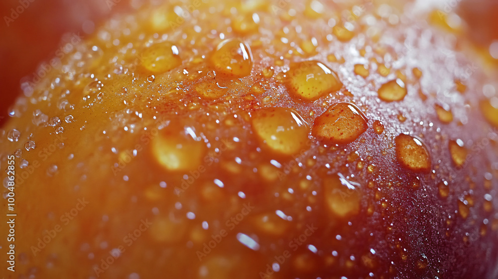 A close-up of a juicy peach with droplets of water, showcasing its fuzzy skin and bright color. A close-up of a juicy peach with droplets of water, showcasing its fuzzy skin and bright color.