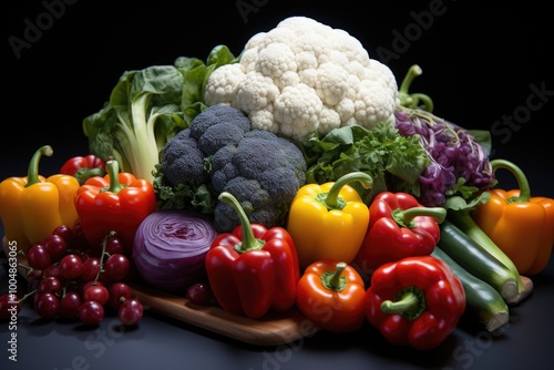 Superior view fresh vegetables peppers marmelo cumcuats cauliflower purple kiwi , generative IA photo