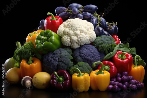 Superior view fresh vegetables peppers marmelo cumcuats cauliflower purple kiwi , generative IA photo