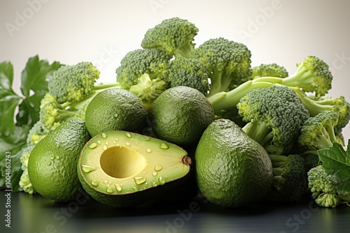 Several fresh green vegetables on a white background broccoli avo avocado zucchi, generative IA photo