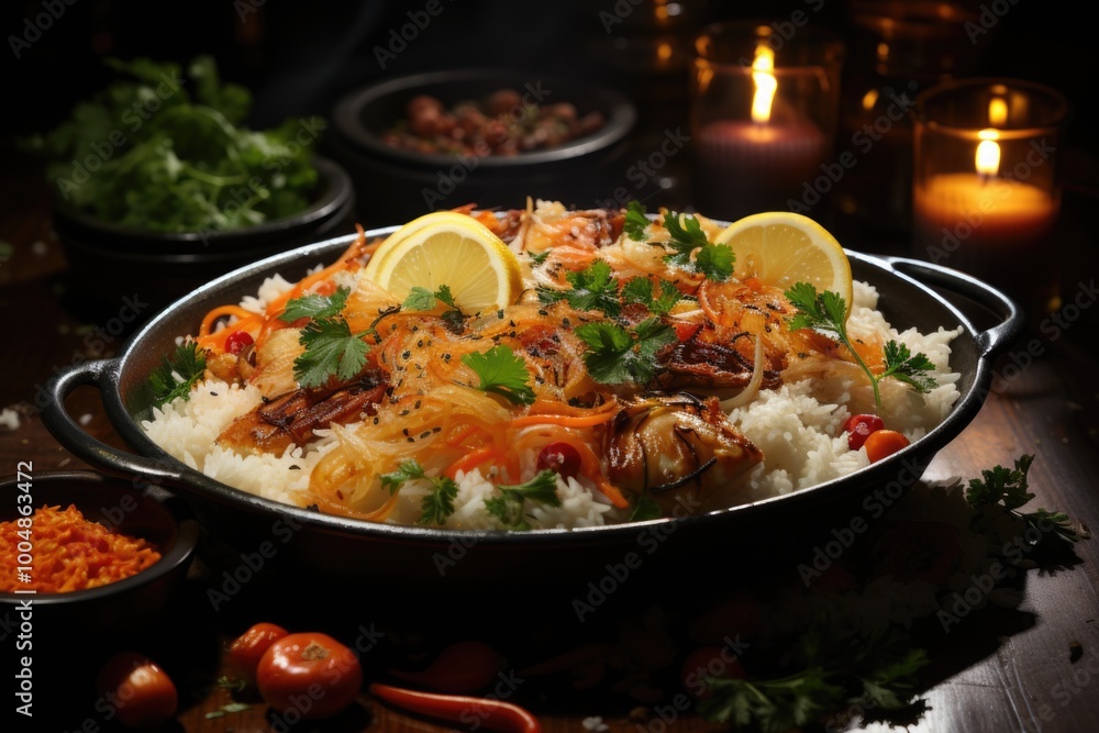 Steam cooked rice with seafood Calamary Calos Calos Carrots Light Light, generative IA Steam cooked rice with seafood Calamary Calos Calos Carrots Light Light, generative IA