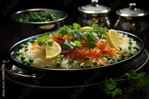 Traditional Mexican rice served with isolated green peas in the white background, generative IA