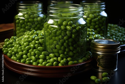 Spoon green pea canned on the gray table., generative IA photo