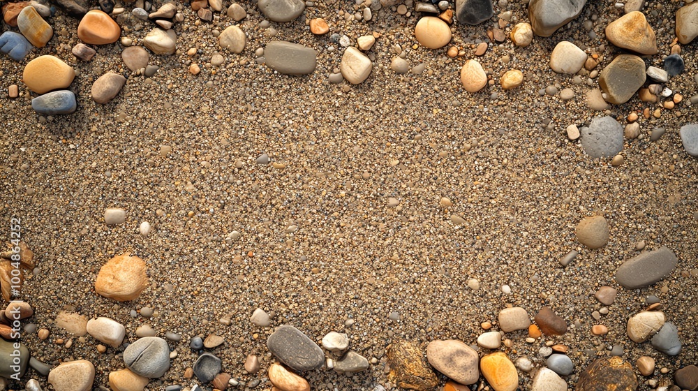 A close up shot of a sandy beach with stones around the border. A close up shot of a sandy beach with stones around the border.