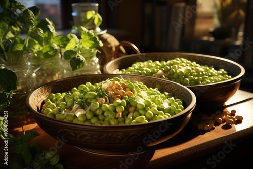 Two bowls full with peas and corn seeds, generative IA