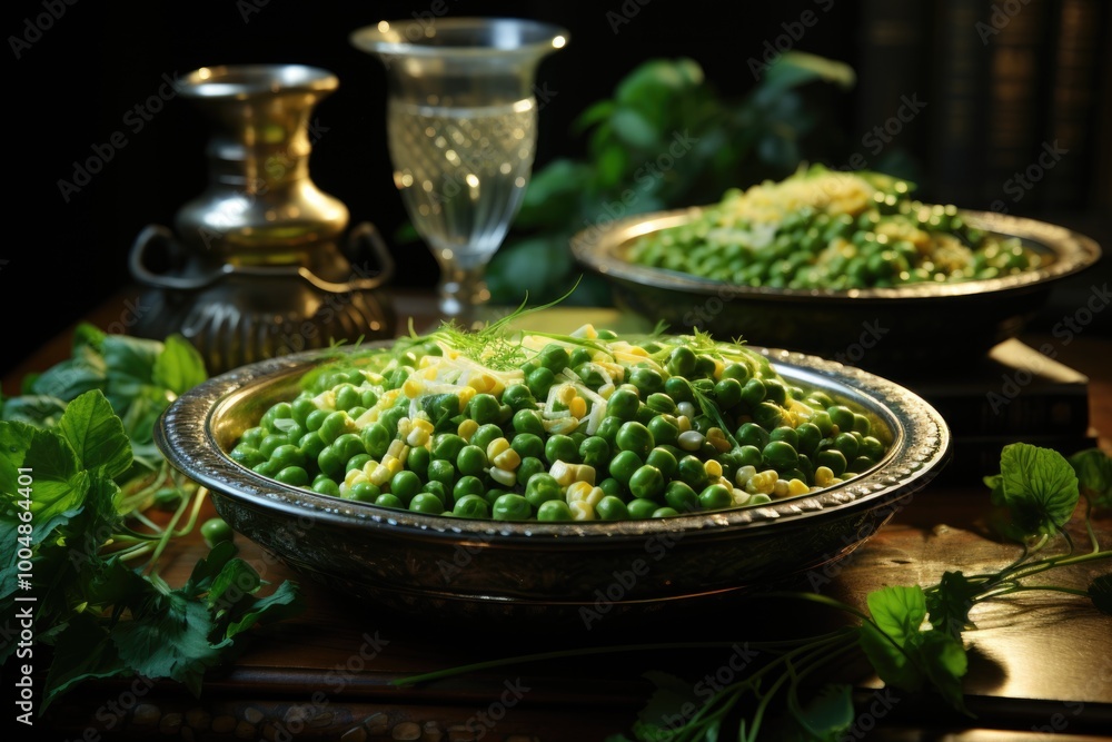 Two bowls full with peas and corn seeds, generative IA Two bowls full with peas and corn seeds, generative IA