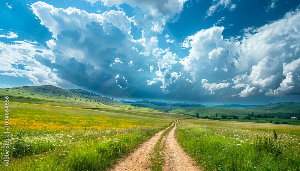 Golden hour illuminates a winding dirt road through a vast, green meadow under a clear blue sky Golden hour illuminates a winding dirt road through a vast, green meadow under a clear blue sky