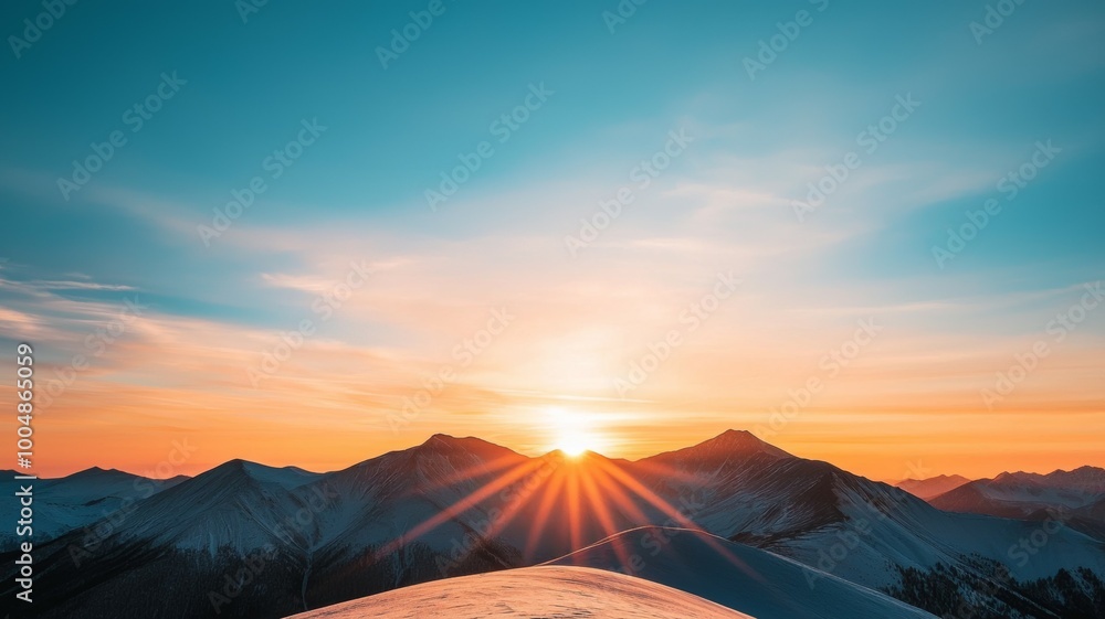 The sun is setting over a mountain range, casting a warm glow over the landscape The sun is setting over a mountain range, casting a warm glow over the landscape