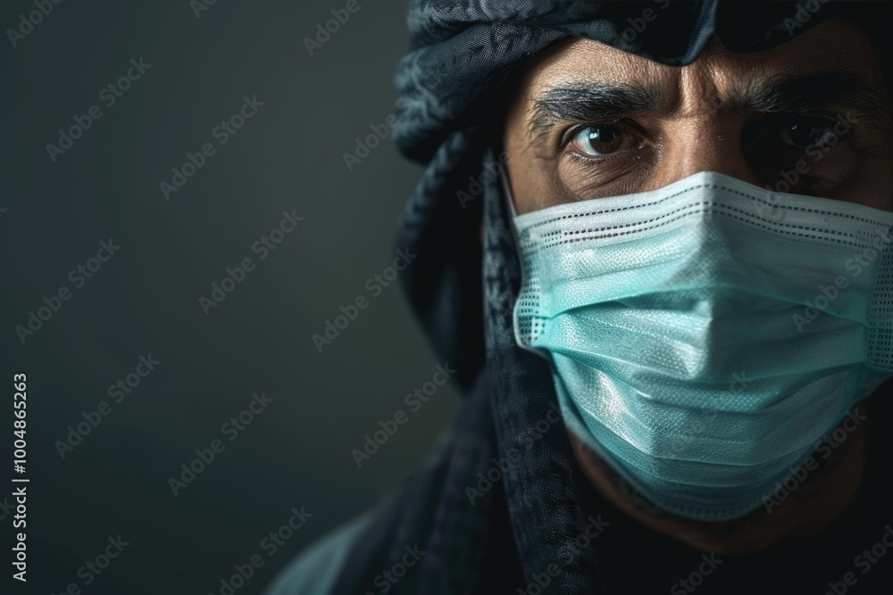 An Arabic man wearing a mask protecting himself and others from covid 19 virus. An Arabic man wearing a mask protecting himself and others from covid 19 virus.