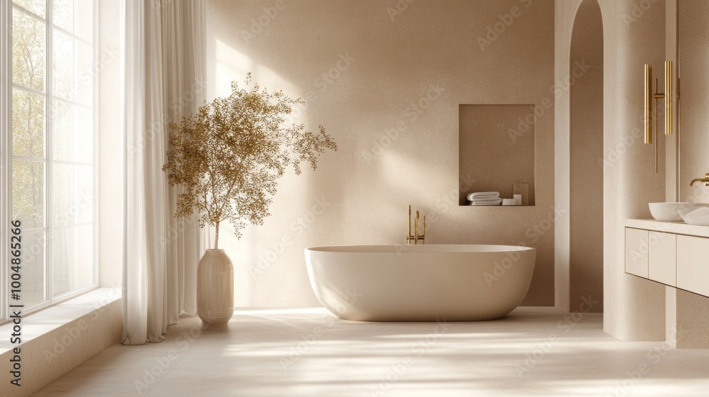 A minimalist bathroom in soft beige tones, featuring gold fixtures, a freestanding bathtub, and large windows allowing natural light to pour in A minimalist bathroom in soft beige tones, featuring gold fixtures, a freestanding bathtub, and large windows allowing natural light to pour in