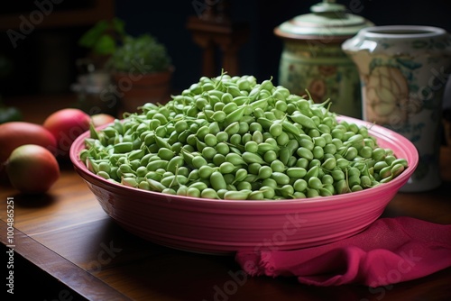 Vegetable peas canned in a pink bowl., generative IA