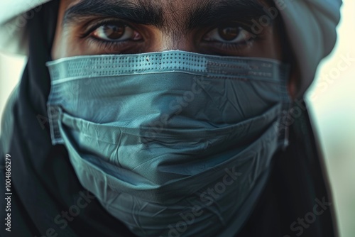 An Arabic man wearing a mask protecting himself and others from covid 19 virus.