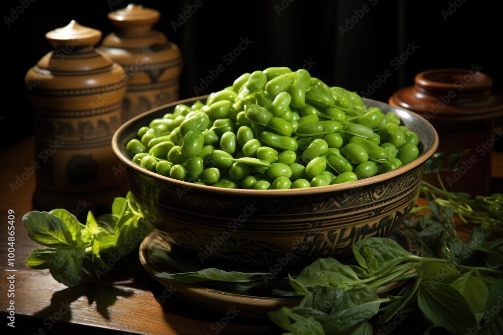 Green peas in wooden spoon and ceramic bowl, generative IA Green peas in wooden spoon and ceramic bowl, generative IA