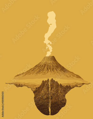 Minimalist volcanic eruption with underground landscape detail on yellow background, symbolizing geological and natural forces of nature