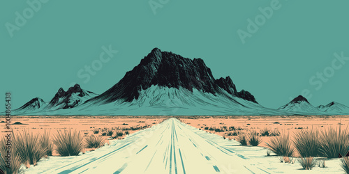 Remote desert road leading to a majestic mountain with striking colors and flat landscape, perfect for adventure and travel designs