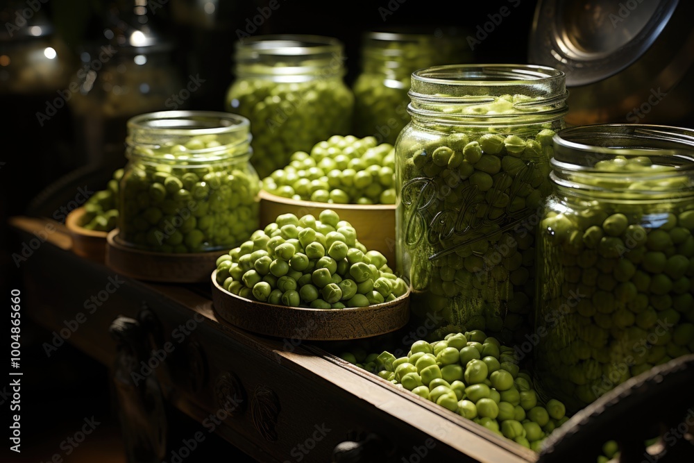 Green peas in canning. Bowl and white bottles., generative IA Green peas in canning. Bowl and white bottles., generative IA